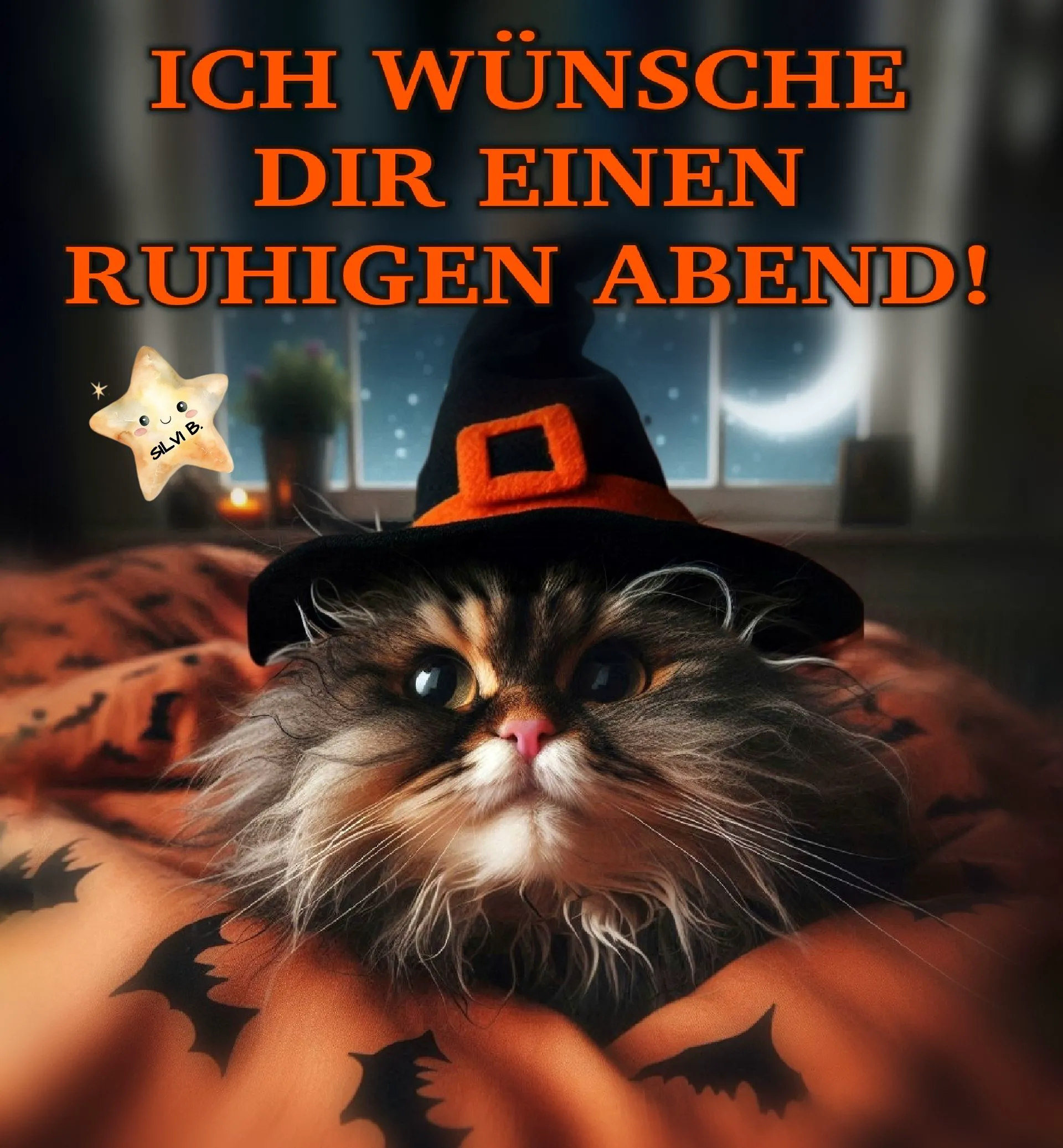 Ein Katzen Gesicht mit Hut und Halloween Dekoration, im Hintergrund ein Fenster mit Nacht Himmel.